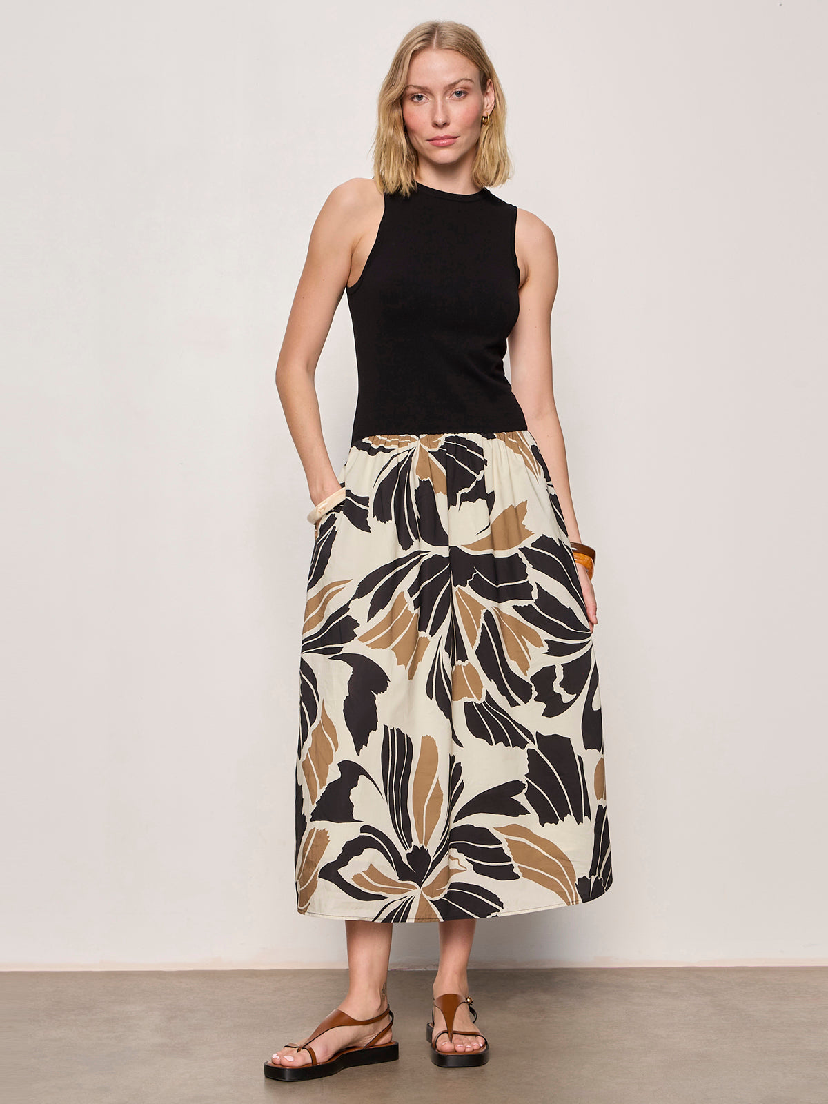 Sanctuary Clothing New - SANDBAR MIX MEDIA MIDI DRESS LOTUS W/ BLACK