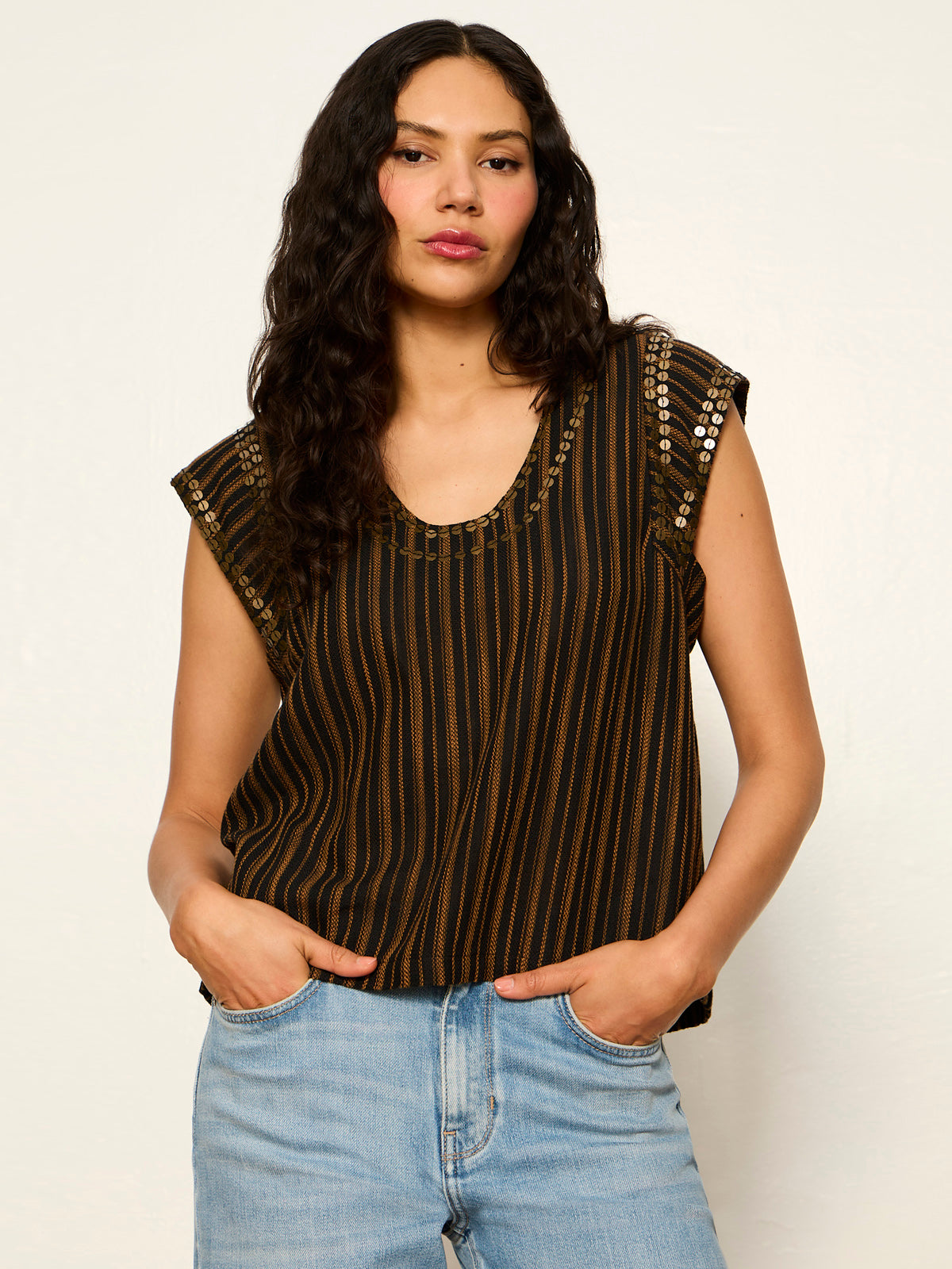 Sanctuary Clothing Latest - OUTSIDER EMBELLISHED SHELL TOP DARK CUMIN/BLACK STRIPE