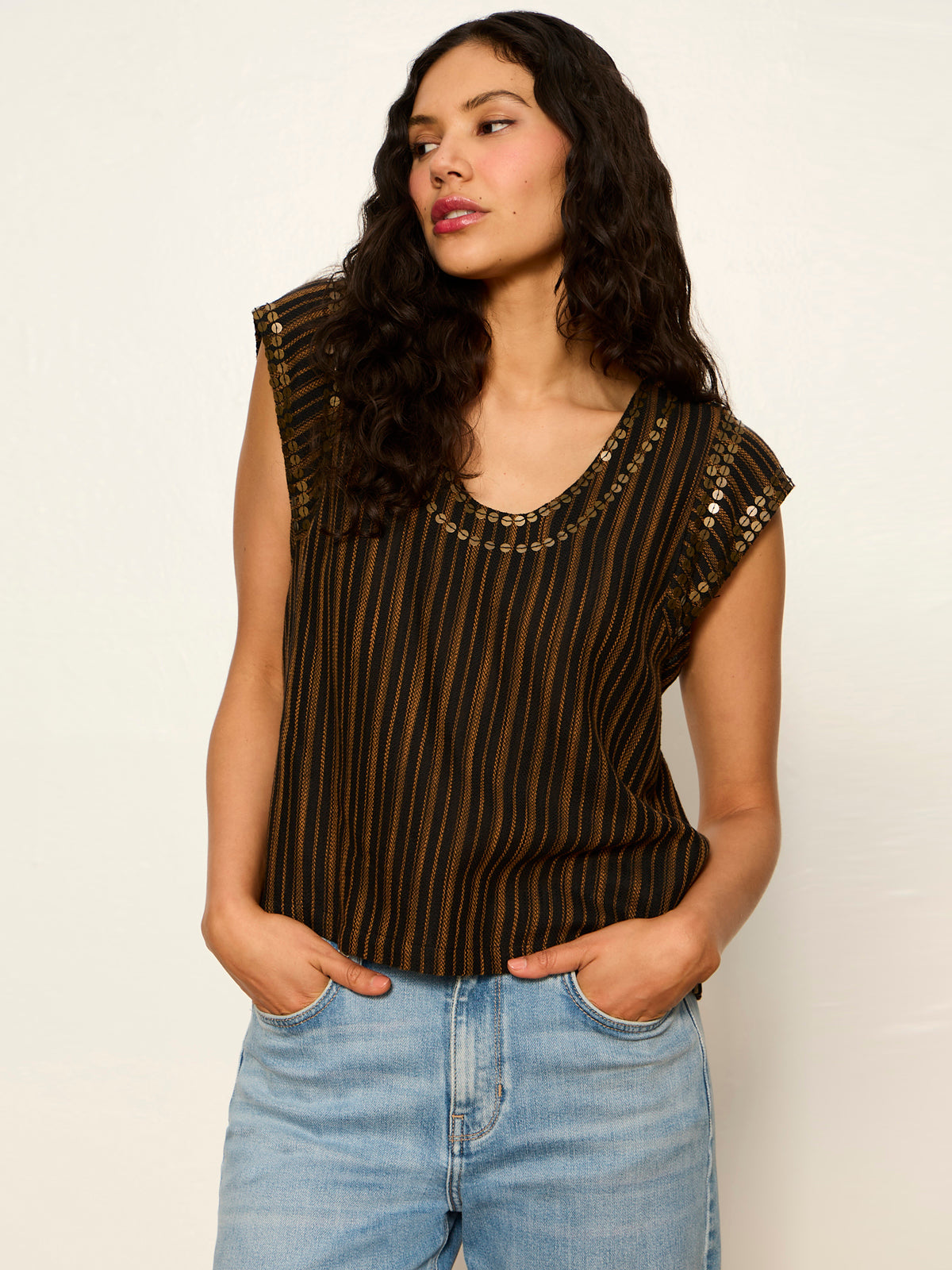 Sanctuary Clothing Latest - OUTSIDER EMBELLISHED SHELL TOP DARK CUMIN/BLACK STRIPE