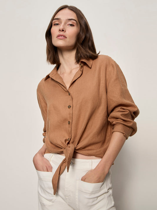Sanctuary Clothing Special Offer - MORE LOVE LINEN TIE TOP TOASTED COCONUT
