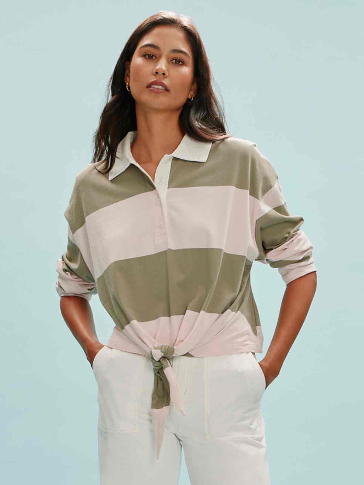 Sanctuary Clothing Sale - RUGBY TIE FRONT TEE OXYGEN PINK/OLIVE TREE STRIPE
