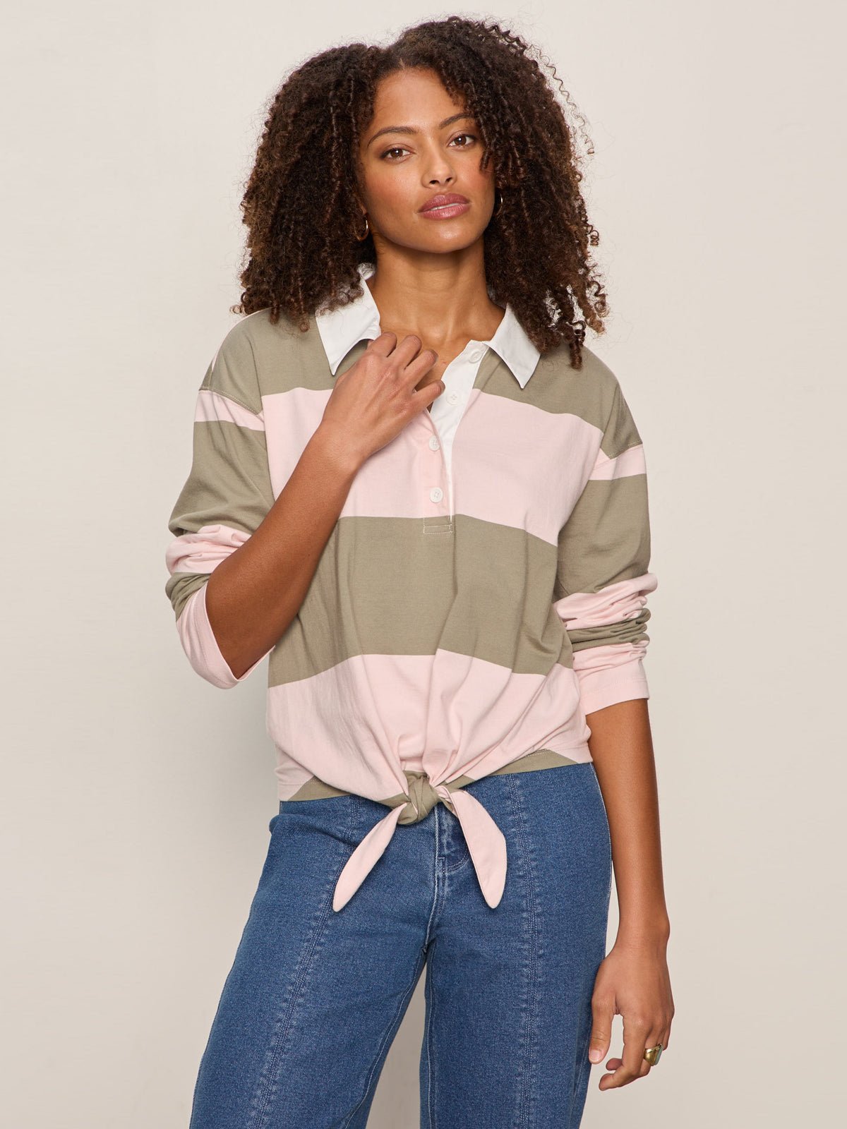 Sanctuary Clothing Sale - RUGBY TIE FRONT TEE OXYGEN PINK/OLIVE TREE STRIPE