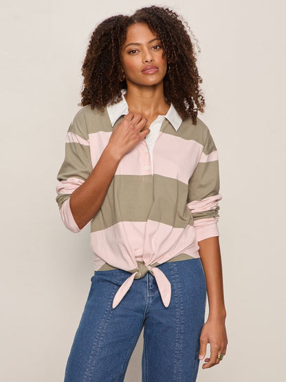 Sanctuary Clothing Sale - RUGBY TIE FRONT TEE OXYGEN PINK/OLIVE TREE STRIPE