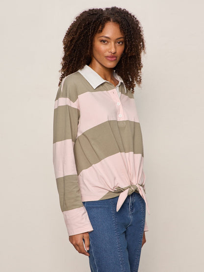 Sanctuary Clothing Sale - RUGBY TIE FRONT TEE OXYGEN PINK/OLIVE TREE STRIPE