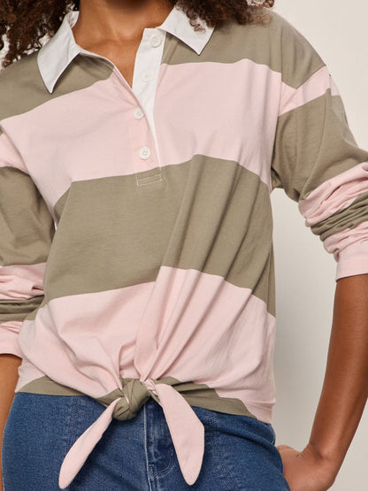 Sanctuary Clothing Sale - RUGBY TIE FRONT TEE OXYGEN PINK/OLIVE TREE STRIPE