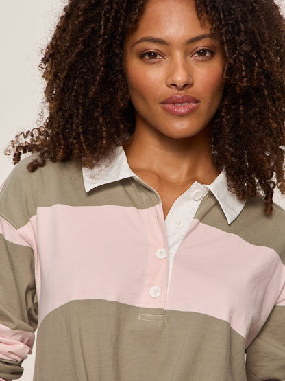 Sanctuary Clothing Sale - RUGBY TIE FRONT TEE OXYGEN PINK/OLIVE TREE STRIPE