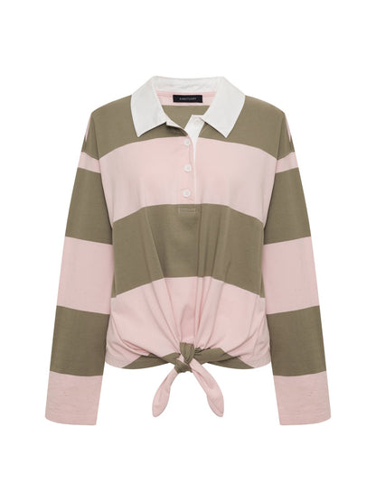 Sanctuary Clothing Sale - RUGBY TIE FRONT TEE OXYGEN PINK/OLIVE TREE STRIPE