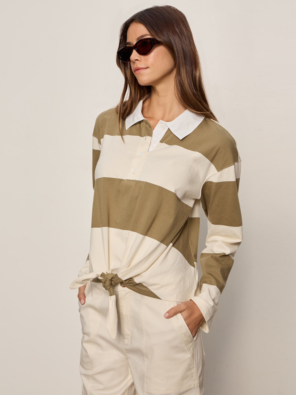 Sanctuary Clothing Best Seller - RUGBY TIE FRONT TEE COVERT GREEN/COLLAGEN STRIPE