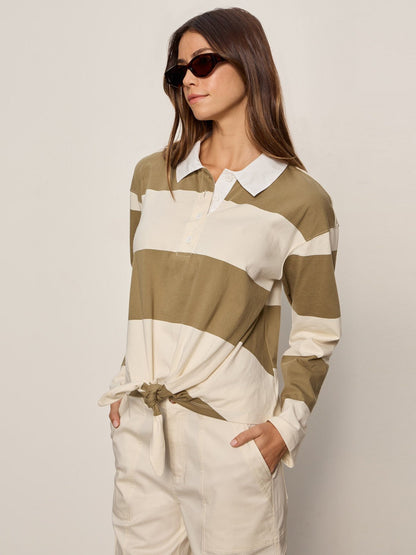 Sanctuary Clothing Best Seller - RUGBY TIE FRONT TEE COVERT GREEN/COLLAGEN STRIPE