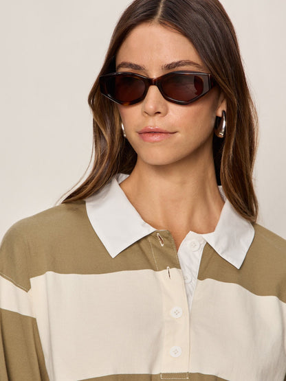 Sanctuary Clothing Best Seller - RUGBY TIE FRONT TEE COVERT GREEN/COLLAGEN STRIPE