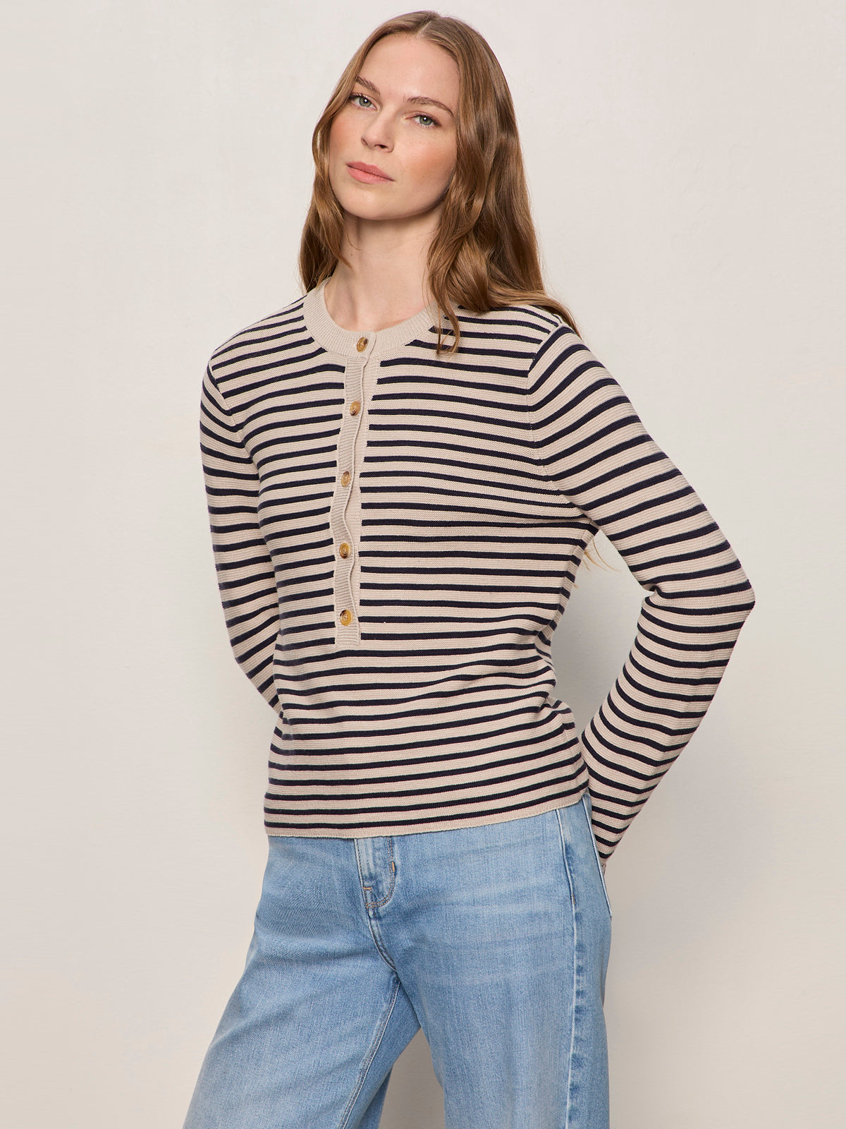 Sanctuary Clothing Top Pick - EVERYDAY HENLEY SWEATER DARK OPAL/INKSTORM STRIPE