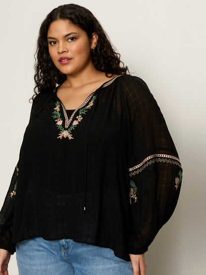 Sanctuary Clothing Deals - Raye Embroidered Blouse Black Extended Sizing
