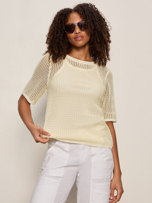 Sanctuary Clothing Top Pick - OPEN KNIT SWEATER TEE LEMON DROP/CHALK STRIPE