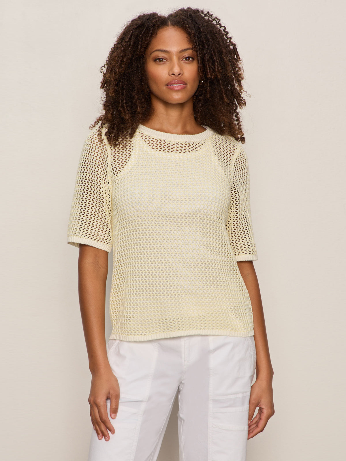 Sanctuary Clothing Top Pick - OPEN KNIT SWEATER TEE LEMON DROP/CHALK STRIPE