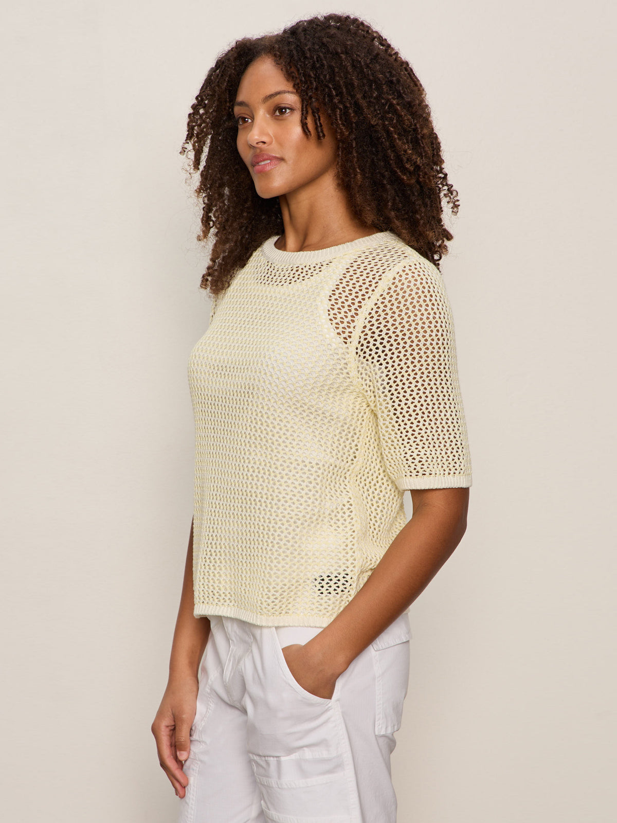 Sanctuary Clothing Top Pick - OPEN KNIT SWEATER TEE LEMON DROP/CHALK STRIPE
