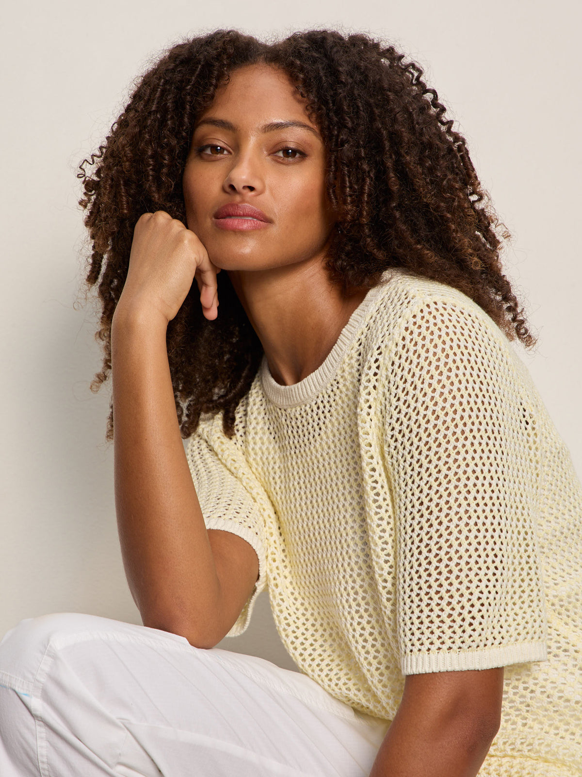 Sanctuary Clothing Top Pick - OPEN KNIT SWEATER TEE LEMON DROP/CHALK STRIPE