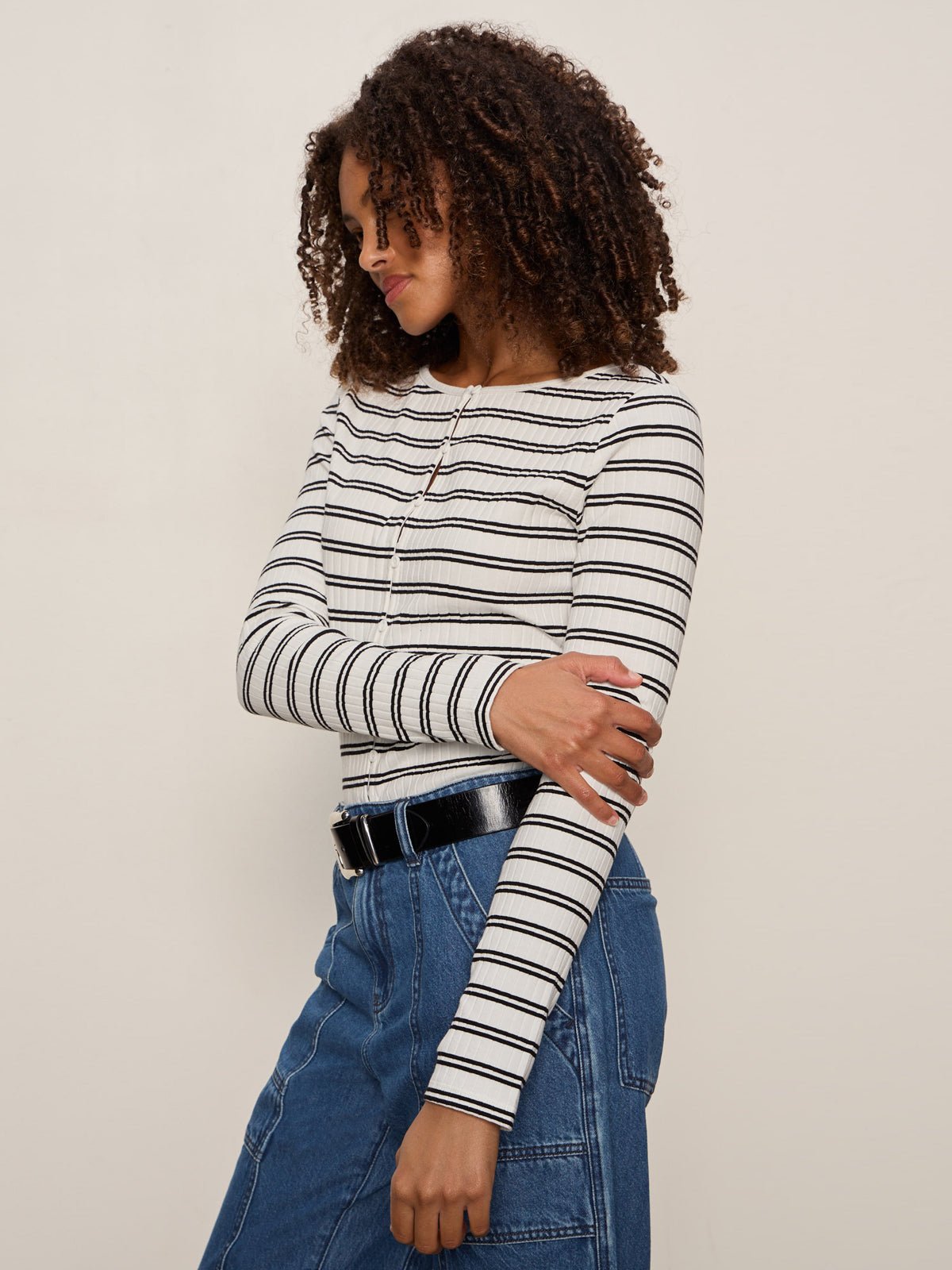 Sanctuary Clothing Popular - Button Front Ribbed Top Chalk / Black Stripe