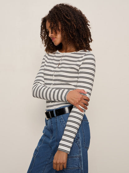 Sanctuary Clothing Popular - Button Front Ribbed Top Chalk / Black Stripe