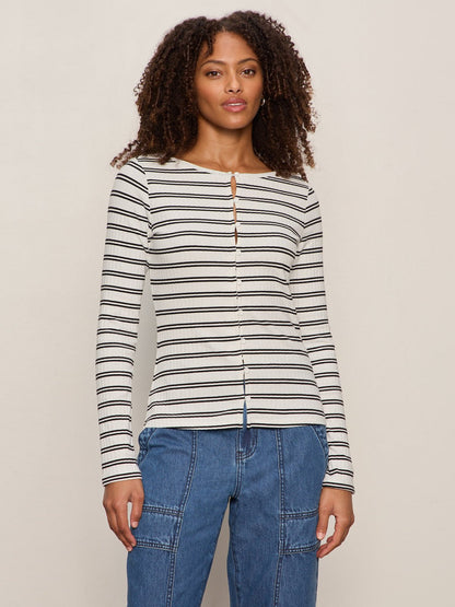 Sanctuary Clothing Popular - Button Front Ribbed Top Chalk / Black Stripe
