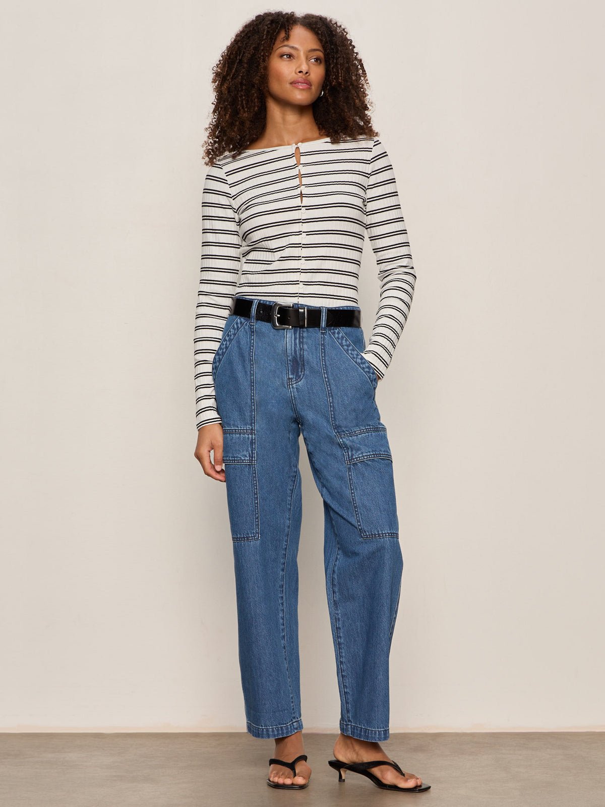 Sanctuary Clothing Popular - Button Front Ribbed Top Chalk / Black Stripe