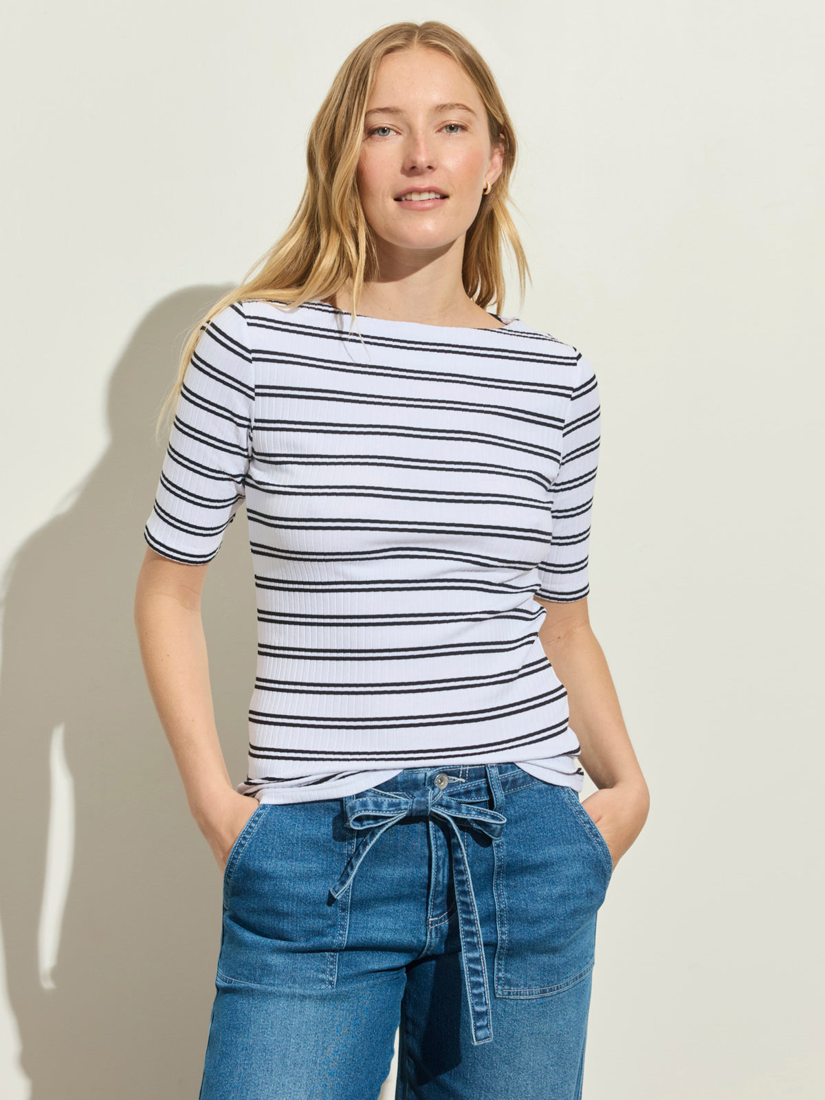Sanctuary Clothing Quality - BOATNECK RIBBED TOP CHALK/BLACK STRIPE