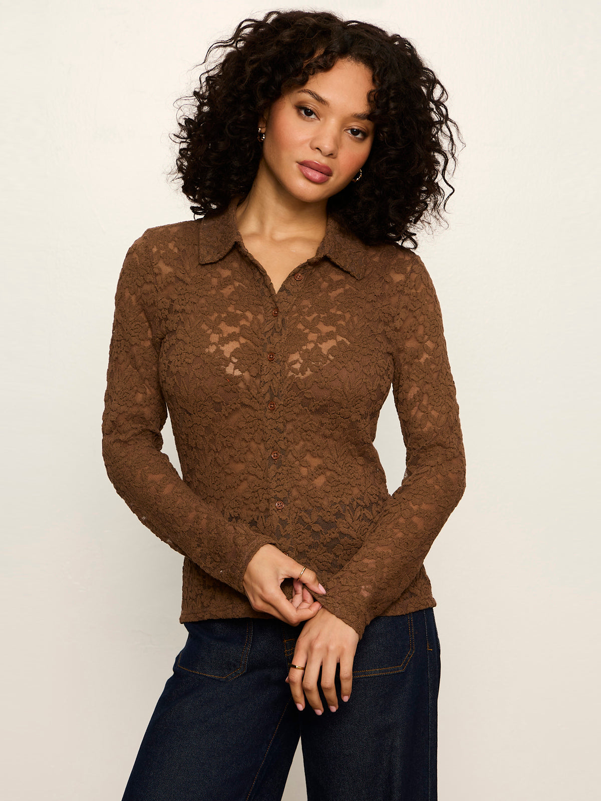 Sanctuary Clothing Classic - Dreamer Lace Shirt Cocoa Powder