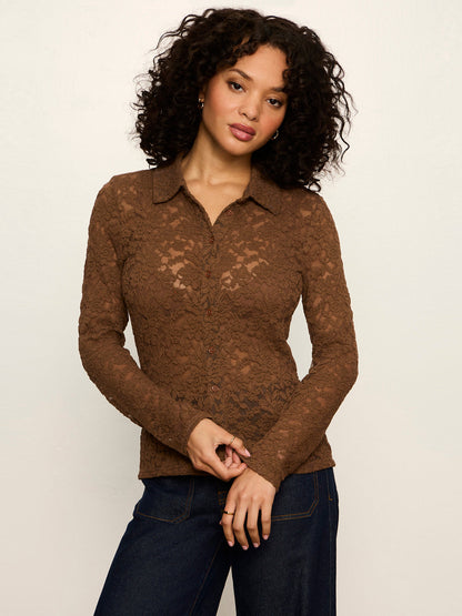 Sanctuary Clothing Classic - Dreamer Lace Shirt Cocoa Powder